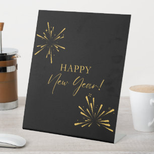 Happy New Year minimalist fireworks black Pedestal Sign