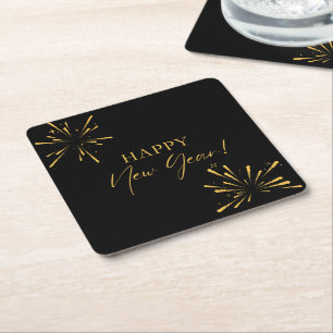 Happy New Year minimalist fireworks black Square Paper Coaster