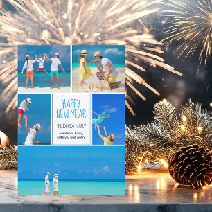 Happy New Year Modern 5 Family Photo Collage Holiday Card