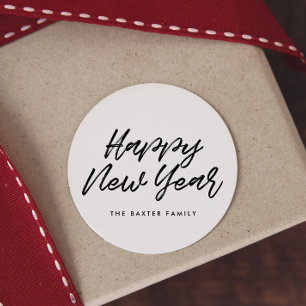 Happy New Year modern black font Classic Round Sticker