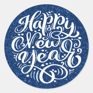 Happy New Year Modern Calligraphy Blue Glitter Classic Round Sticker