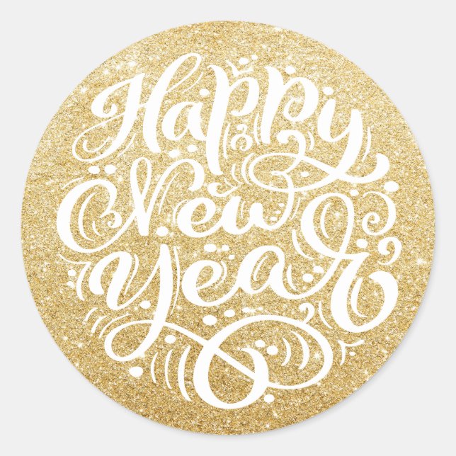 Happy New Year Modern Calligraphy Gold Glitter Classic Round Sticker (Front)