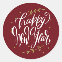 Happy New Year Modern Calligraphy Wreath Burgundy