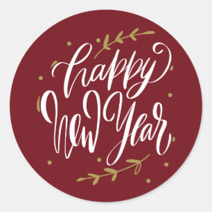 Happy New Year Modern Calligraphy Wreath Burgundy Classic Round Sticker