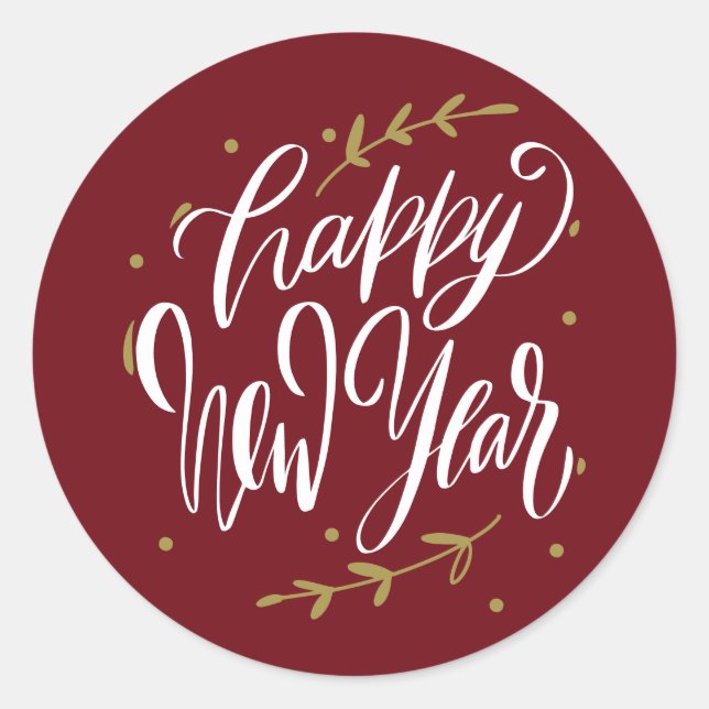 Happy New Year Modern Calligraphy Wreath Burgundy Classic Round Sticker (Front)