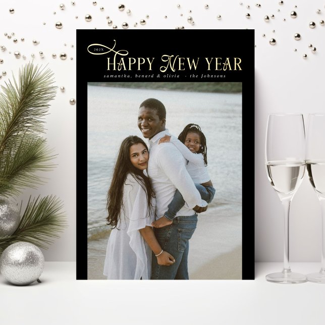Happy New Year Modern Chic Family 4 Photos Collage Foil Holiday Card (Creator Uploaded)