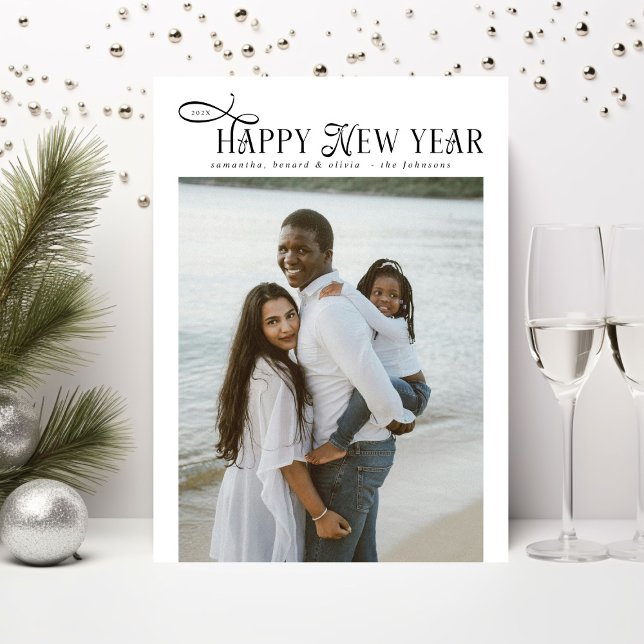 Happy New Year Modern Chic Family 4 Photos Collage Holiday Card (Creator Uploaded)