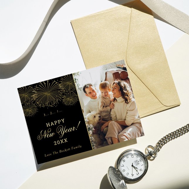 Happy New Year! Modern Fireworks Photo Real Foil Holiday Card (Creator Uploaded)
