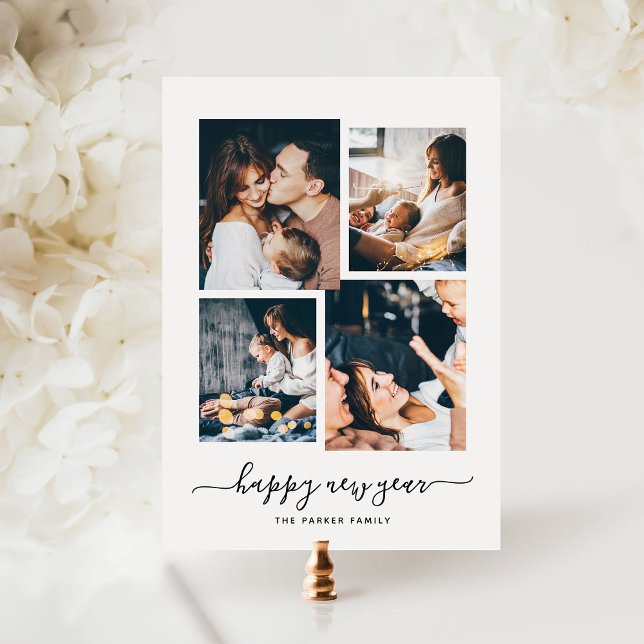 Happy New Year | Modern Four Photo Collage Holiday Card (Creator Uploaded)