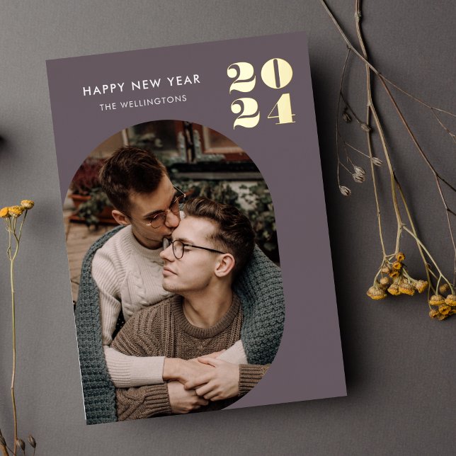 Happy New Year Modern Frame Purple Gold  Foil Holiday Card (Creator Uploaded)