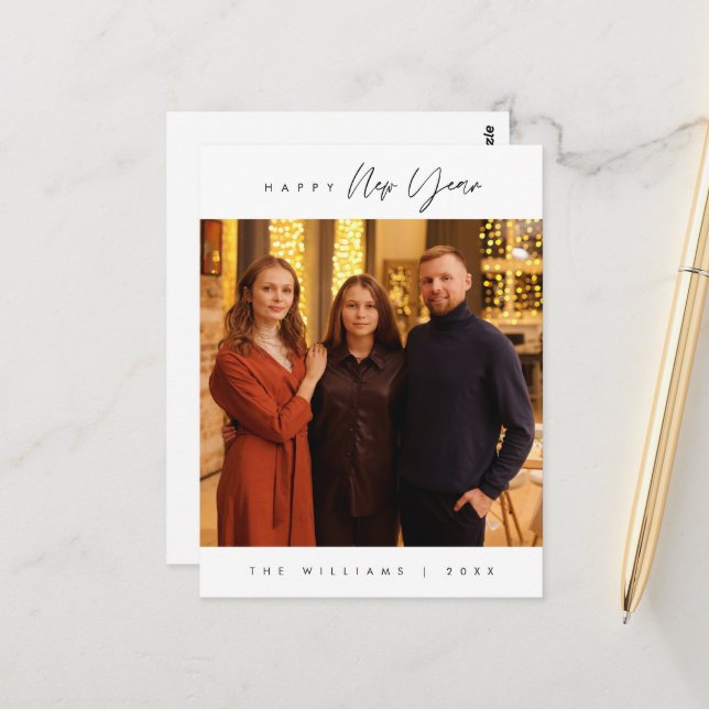 Happy New Year, Modern Greeting Family Photo Postcard (Front/Back In Situ)