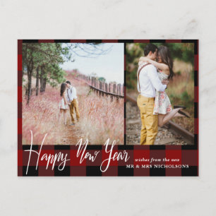 Happy New Year Modern Holiday Plaid Pattern Photo Postcard