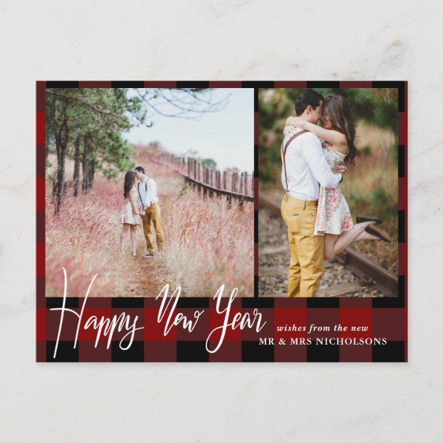 Happy New Year Modern Holiday Plaid Pattern Photo Postcard (Front)