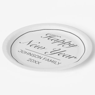 Happy New Year Modern Minimalist White Black Paper Plate