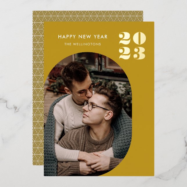 Happy New Year Modern Ochre Photo Gold  Foil Holiday Card (Front/Back)