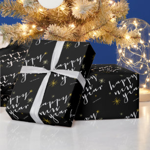 Happy New Year Modern Script Chic Gold Starburst Wrapping Paper