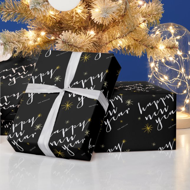 Happy New Year Modern Script Chic Gold Starburst Wrapping Paper (Holidays)