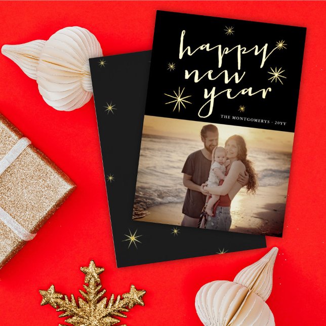 Happy New Year Modern Script Gold Starburst Photo Foil Holiday Card (Creator Uploaded)