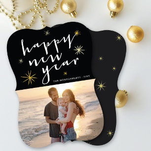Happy New Year Modern Script Gold Starburst Photo Holiday Card