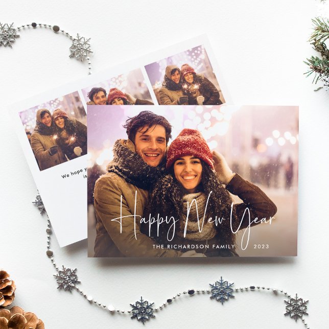 Happy New Year | Modern Script Multi Photo Holiday Card (Creator Uploaded)