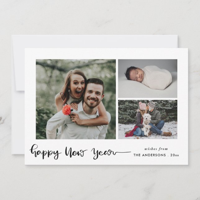 Happy New Year | Modern Script Multi Photo Holiday Card (Front)