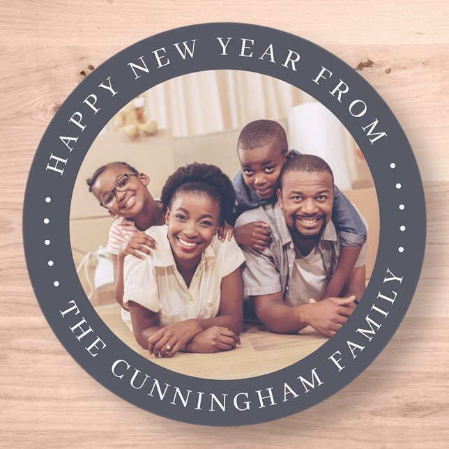Happy New Year Modern Simple Chic Family Photo Classic Round Sticker (Creator Uploaded)