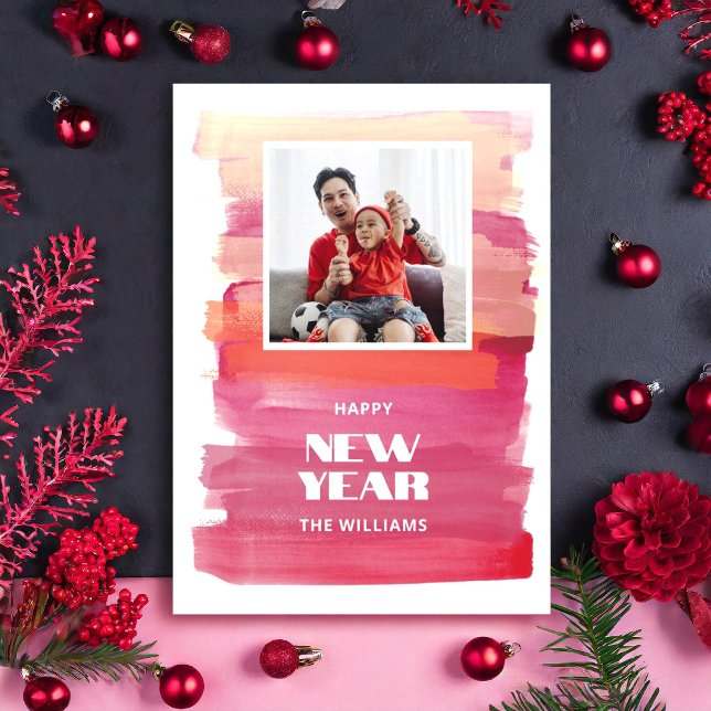 Happy New Year Modern Watercolor Pink Christmas Holiday Card (Happy New Year Modern Watercolor Pink Christmas Holiday Card)