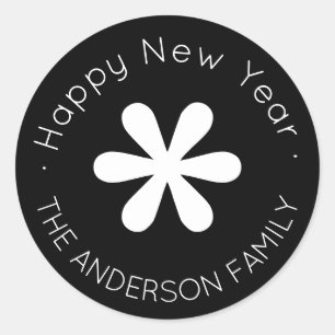 Happy New Year Monogram Black Classic Round Sticker
