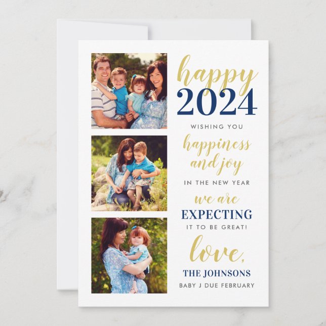 Happy New Year Navy and Gold Expecting in 2024 Holiday Card (Front)