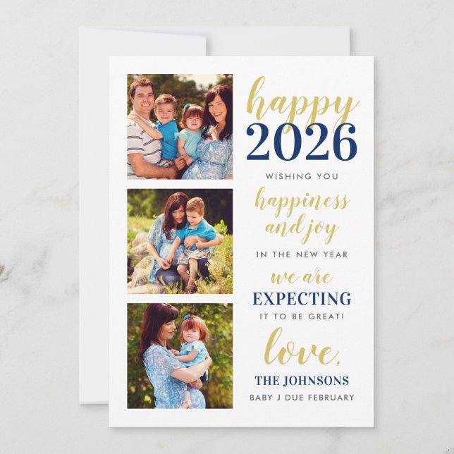 Happy New Year Navy and Gold Expecting in 2024 Holiday Card (Front)