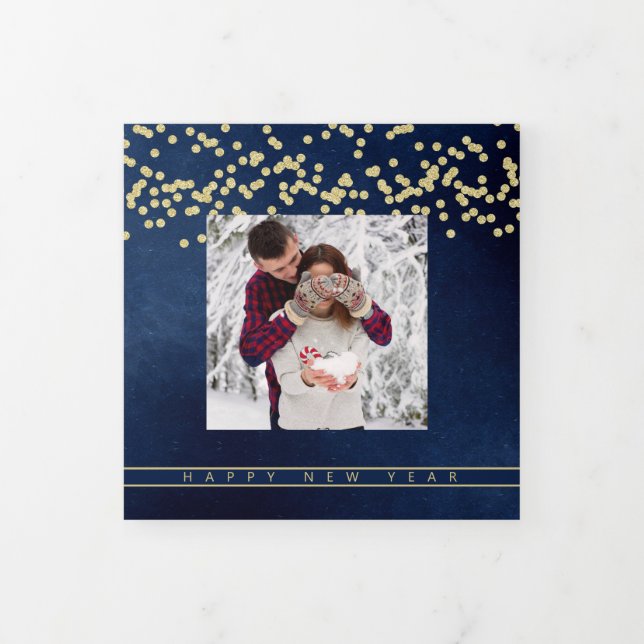 Happy New Year Navy and Gold Family Photo Collage  Tri-Fold Holiday Card (Cover)