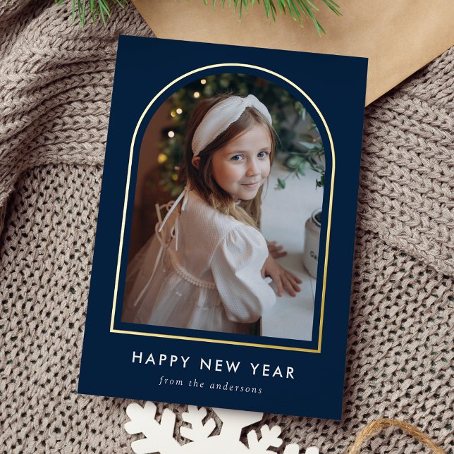 Happy New Year Navy Arch Photo Foil Holiday Card (Creator Uploaded)