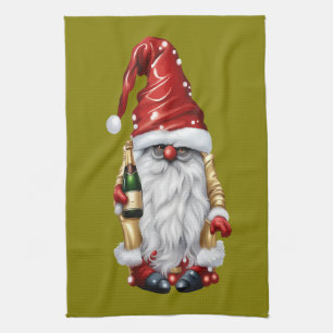 Happy New Year Nisse Gnome Gonk Holding A Bottle Tea Towel