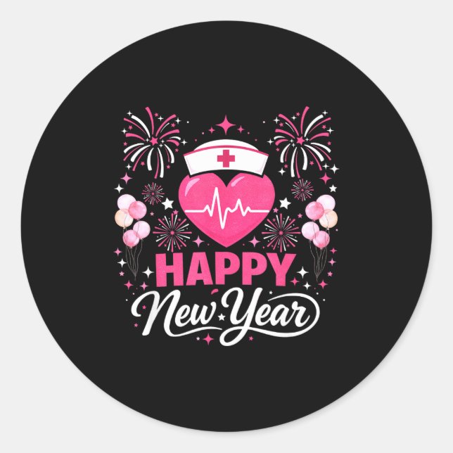 Happy New Year Nurse Crew Heartbeat Medical Celebr Classic Round Sticker (Front)