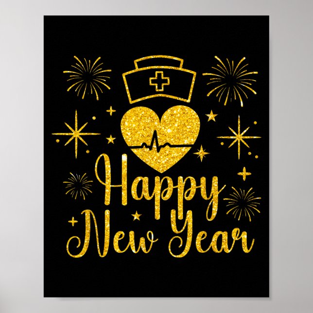 Happy New Year Nurses Heartbeat Fireworks New Year Poster (Front)