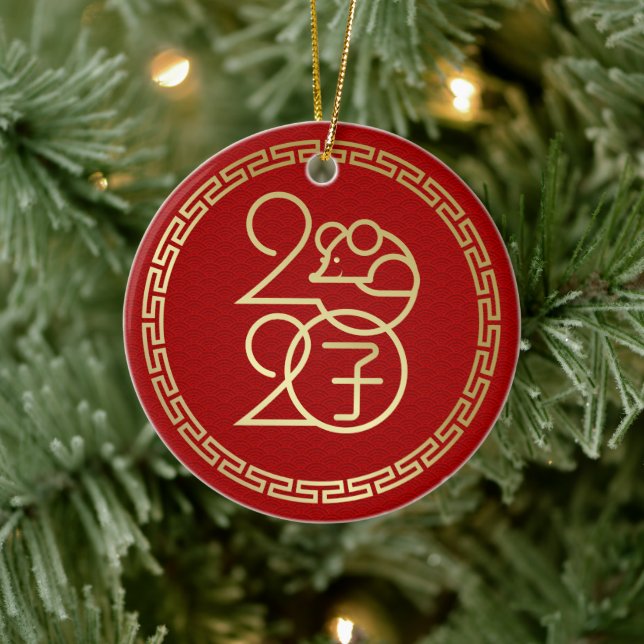 Happy New Year of The Rat - 2020 - Geometric Ceramic Ornament (Tree)