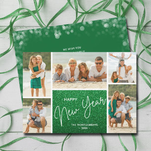 Happy New Year on Green Multi Photo Holiday Card