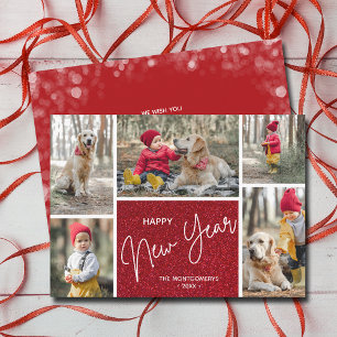 Happy New Year on Red Multi Photo Holiday Card