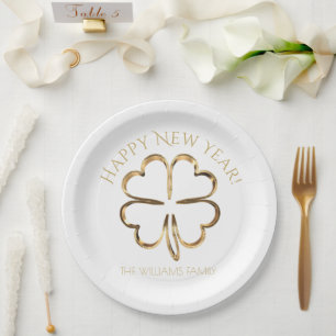 Happy New Year or Your Text Four Leaf Clover Paper Plate