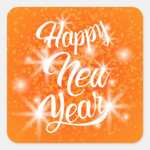 Happy New Year Orange Watercolor Splatter Square Sticker