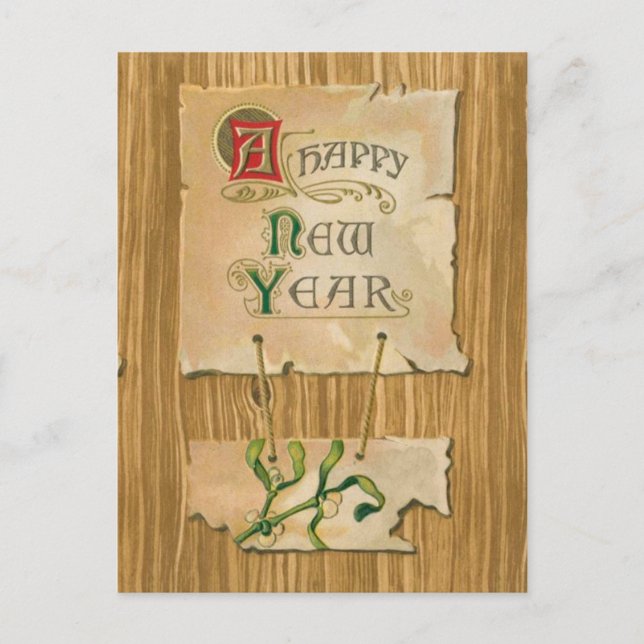 Happy New Year parchment & mistletoe on Faux bois Holiday Postcard (Front)