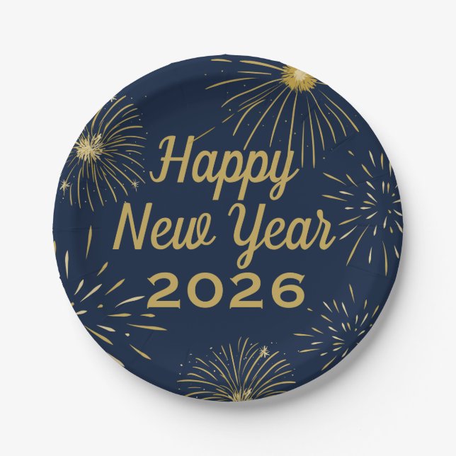 Happy New Year Party 2025 Fireworks Navy Blue Gold Paper Plate (Front)