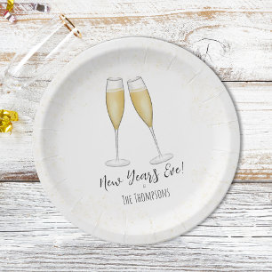 Happy New Year Party Champagne Watercolor Gold Paper Plate