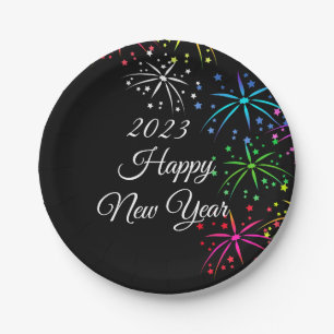 Happy new year party colourful fireworks black paper plate