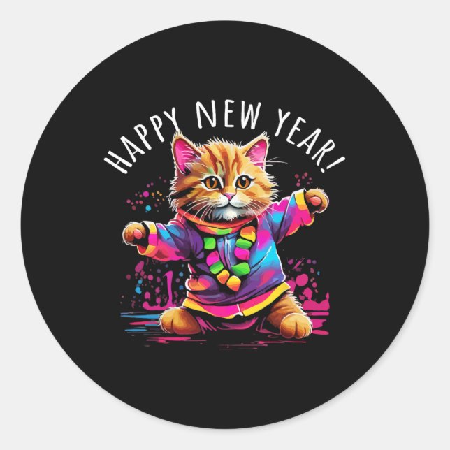 Happy New Year Party Dancing Cat Design  Classic Round Sticker (Front)