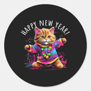 Happy New Year Party Dancing Cat Design  Classic Round Sticker