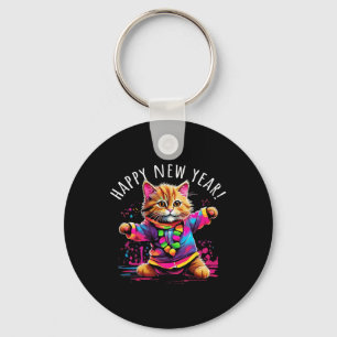 Happy New Year Party Dancing Cat Design Key Ring