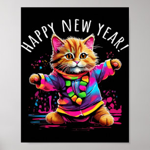 Happy New Year Party Dancing Cat Design Poster