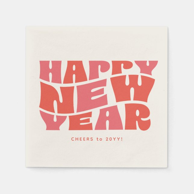 Happy New Year party fun trendy retro pink red Napkin (Front)