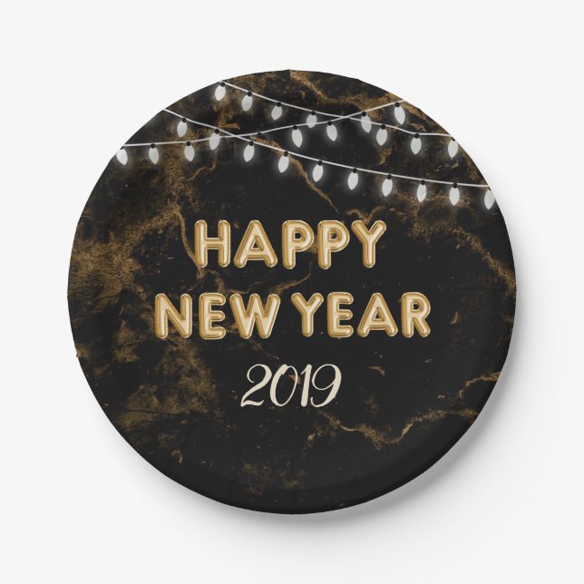 Happy New Year Party Gold Balloons Lights Black Paper Plate (Front)